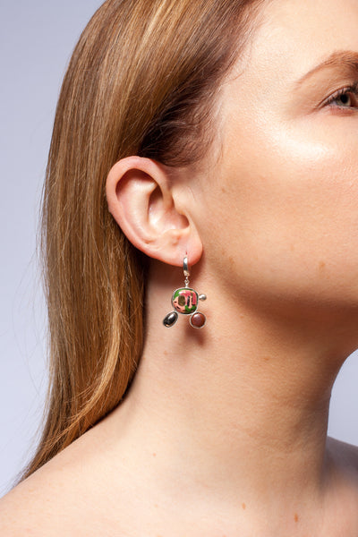 Green and burgundy color dangle earrings with spots