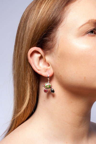 Green and burgundy color dangle earrings with spots