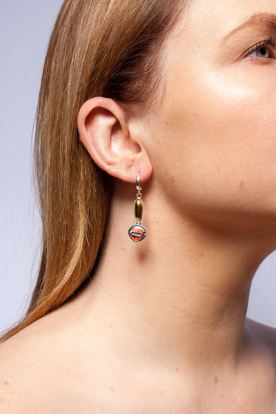 Long blue and red dangle earrings with gold and platinum luster