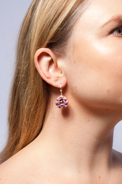 Pink and purple dangle flower earrings with gold luster