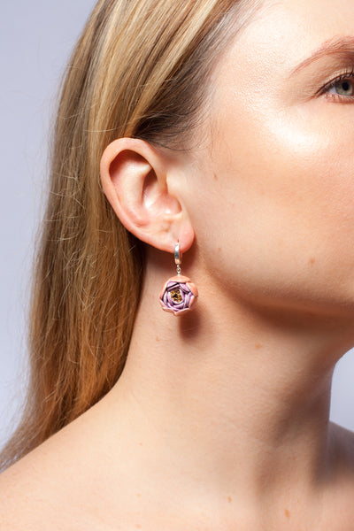 Pink and purple dangle flower earrings with gold luster