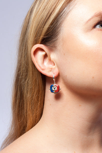 BON BON Square red and blue color dangle silver earrings