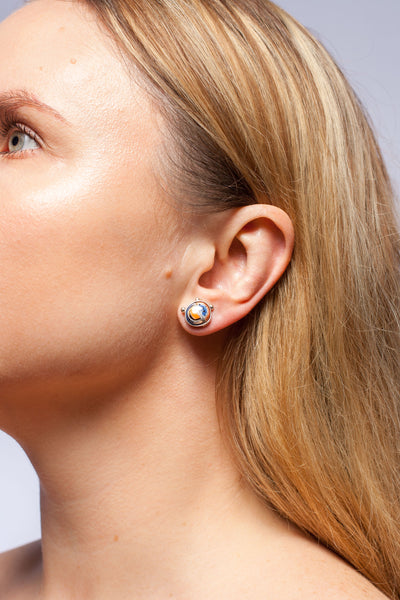 Orange and blue silver earrings with gold luster