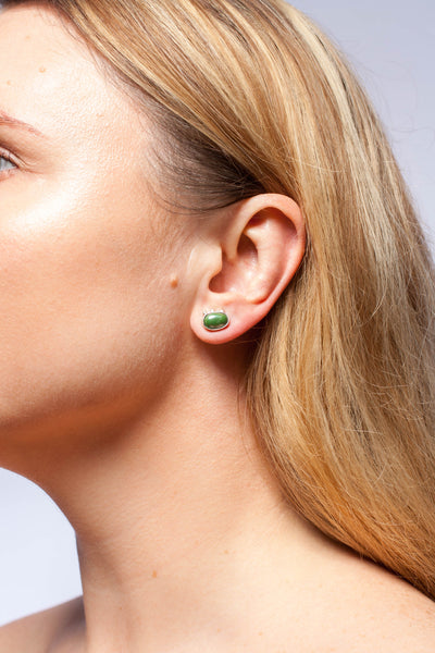 Tiny minimal dark green silver earrings
