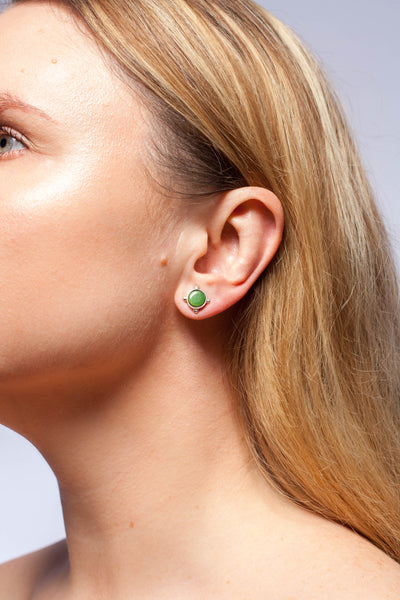 Tiny minimal dark green silver earrings