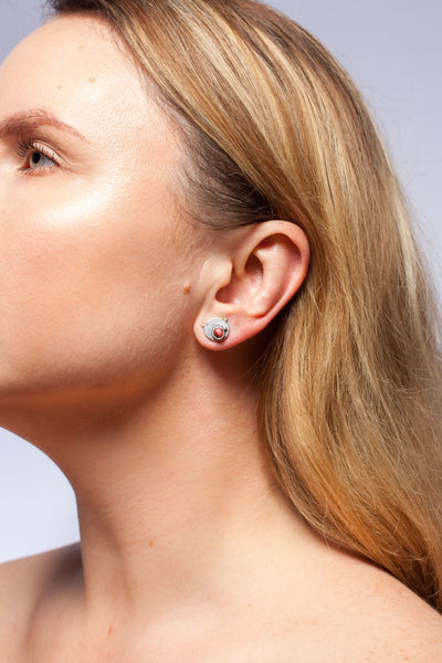 Red mismatched oxidized silver earrings