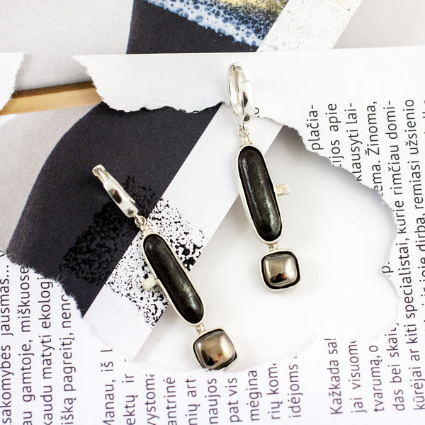 Long black silver earrings with platinum luster