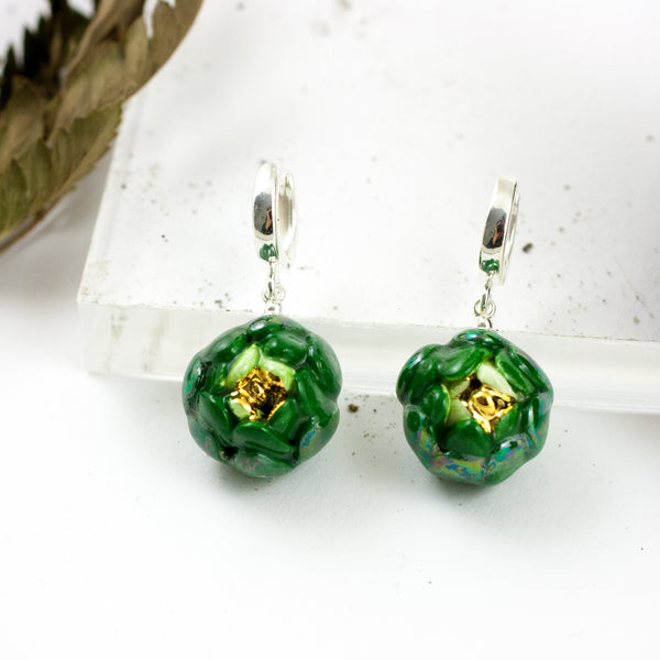 Green flower earrings with silver clasps