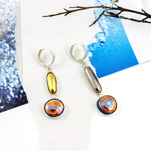 Long blue and red dangle earrings with gold and platinum luster