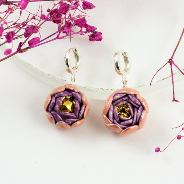 Pink and purple dangle flower earrings with gold luster