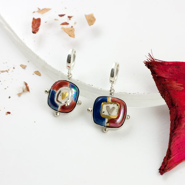 BON BON Square red and blue color dangle silver earrings