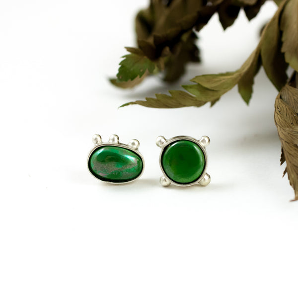 Tiny minimal dark green silver earrings