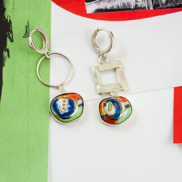 BON BON Colorful long silver earrings with spots