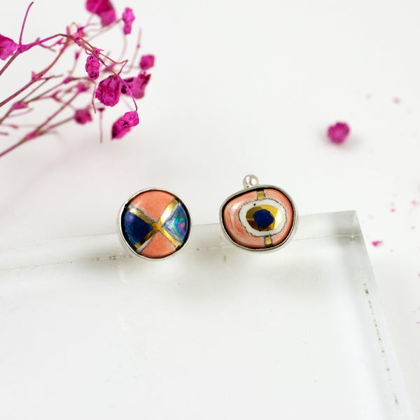 Small silver earrings with colorful ceramics