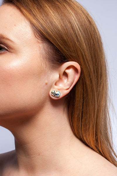 Blue checkered silver earrings with pearl luster