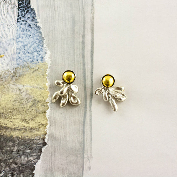Organic form silver earings with gold luster