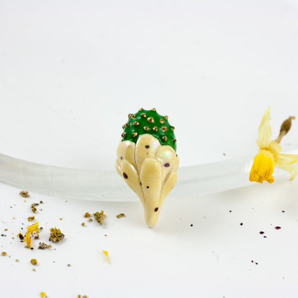Yellow and green flower ceramic brooch with gold dots