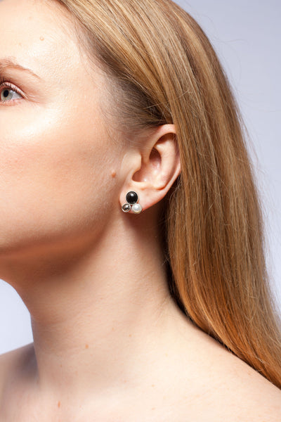 3X3 collection silver earrings with metal luster decore and fresh-water pearls