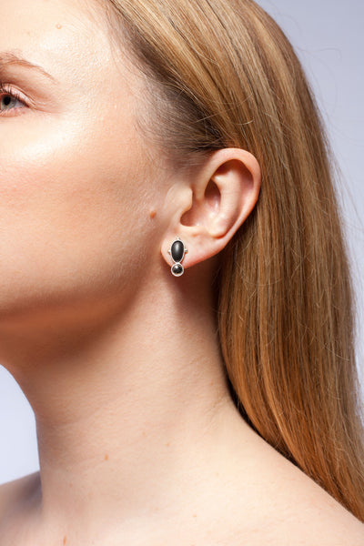 3X3 collection silver earrings with metal luster decore and fresh-water pearls