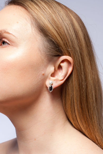 3X3 collection silver earrings with metal luster decore and fresh-water pearls