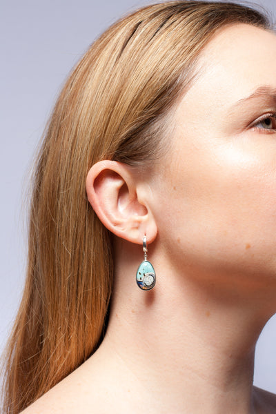 BON BON blue dangle earrings  decorated with graphic drawings