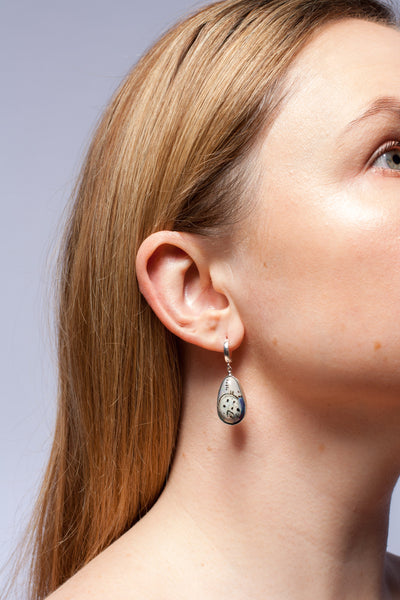 BON BON blue dangle earrings  decorated with graphic drawings