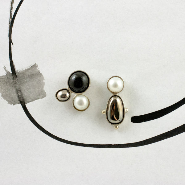 3X3 collection silver earrings with metal luster decore and fresh-water pearls