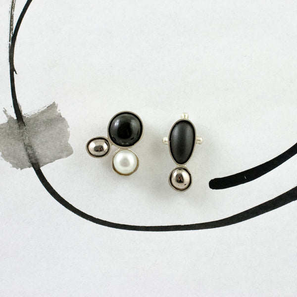 3X3 collection silver earrings with metal luster decore and fresh-water pearls