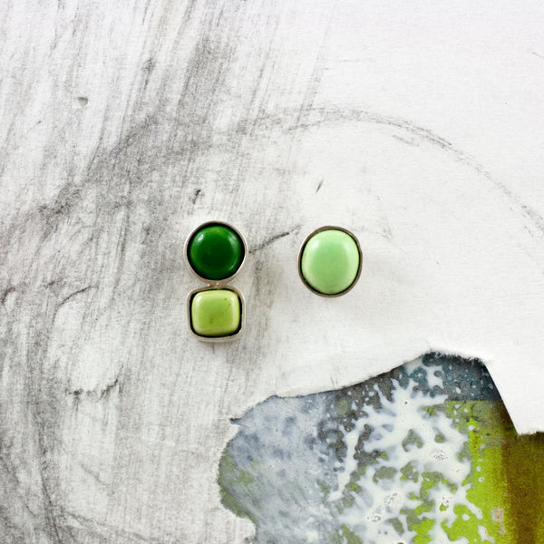 Tiny minimal green silver earrings
