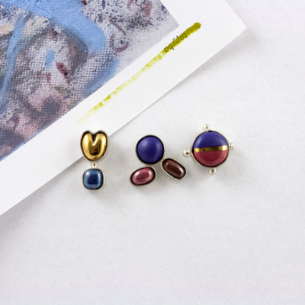 3X3 collection raspberry and blue small silver earrings