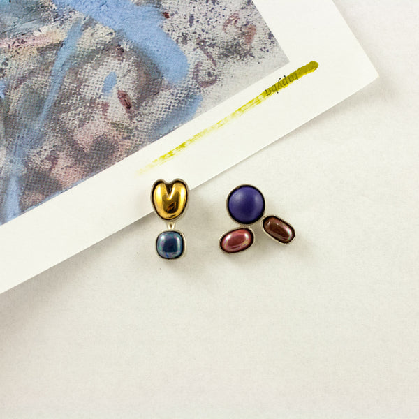 3X3 collection raspberry and blue small silver earrings