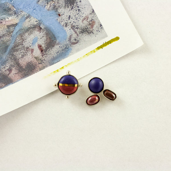 3X3 collection raspberry and blue small silver earrings