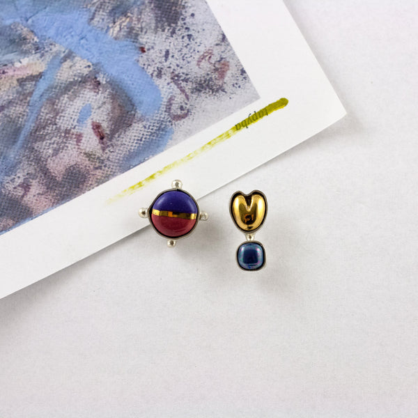 3X3 collection raspberry and blue small silver earrings