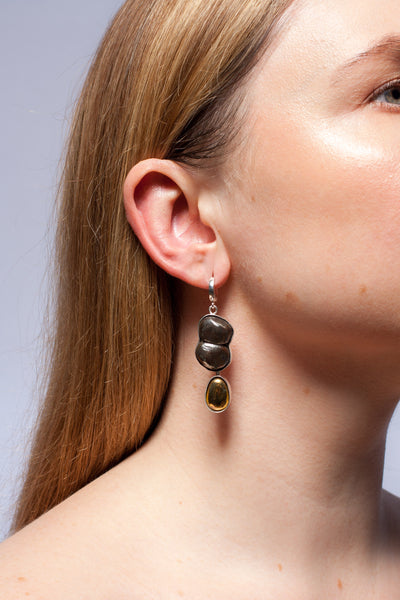 Dangle black mismatched earrings with gold luster