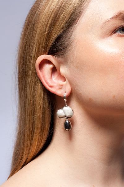 DROPS long white dangle earrings with platinum details