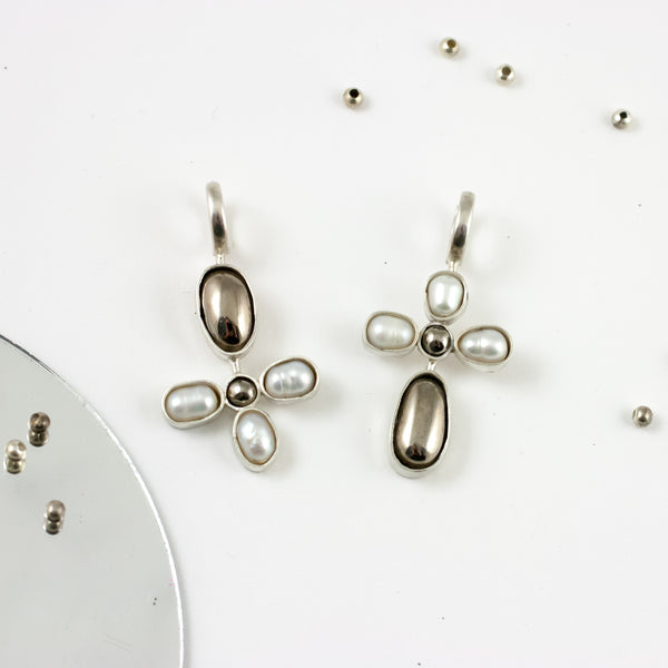 DROPS mismatched dangle earrings with platinum and freshwater pearls