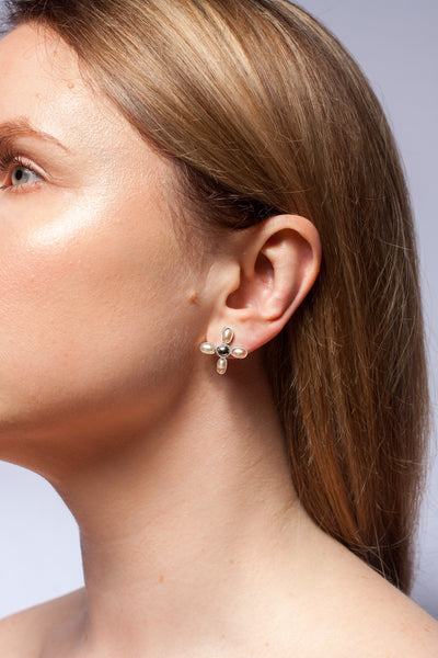 Silver stud earrings with rose pink freshwater pearls and ceramics