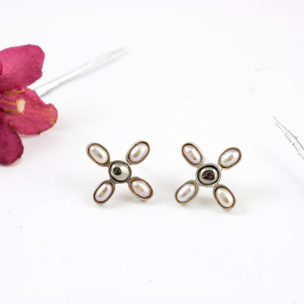 Silver stud earrings with rose pink freshwater pearls and ceramics