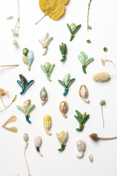 Blue and green color organic flower bud brooch - Aiste Jewelry