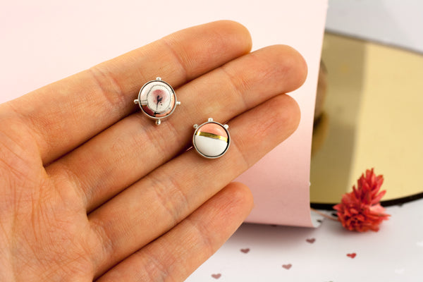 3X3 collection pink silver earrings with a flower - Aiste Jewelry