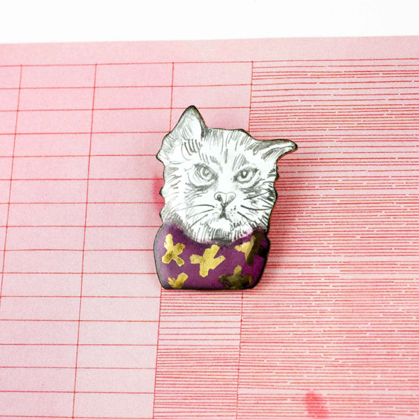 Enamel pin Cat with a purple sweater - Aiste Jewelry