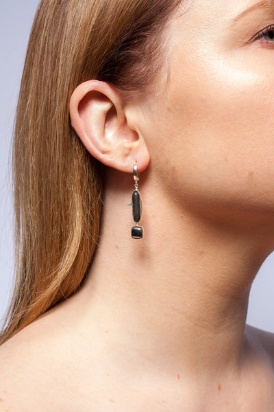 Long black silver earrings with platinum luster