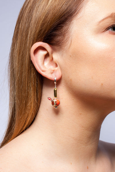 Yellow and red color dangle earrings with gold luster