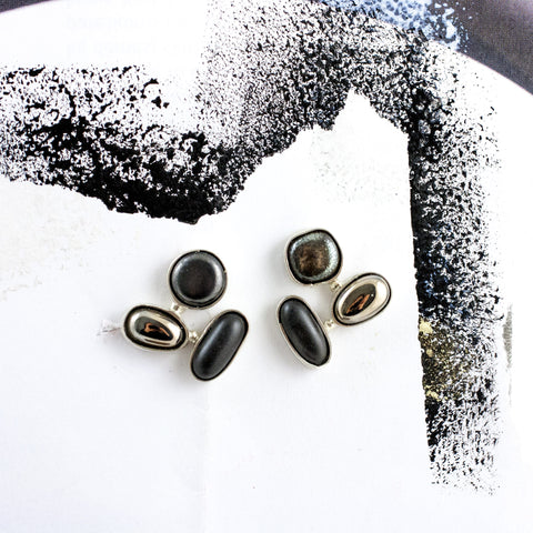 Black silver earrings with platinum decorated ceramics
