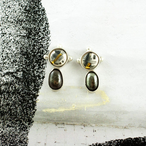 ABSTRACT white and black earrings with gold luster
