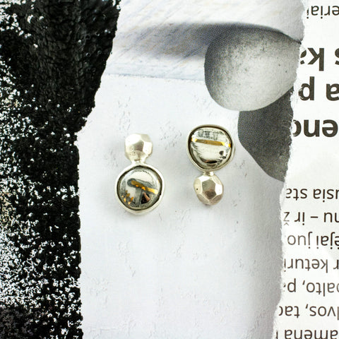 White and black ABSTRACT earrings with gold lines