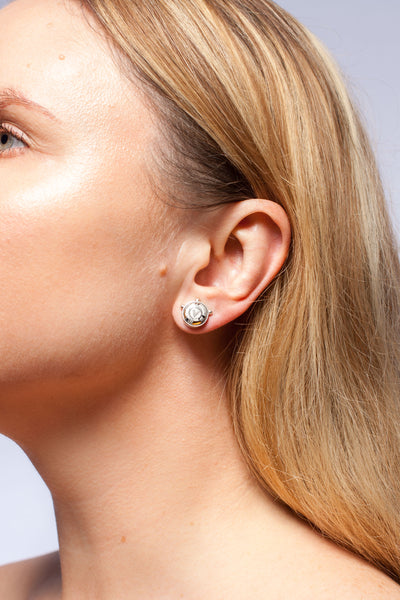 White mini BON BON earrings with gold hearts