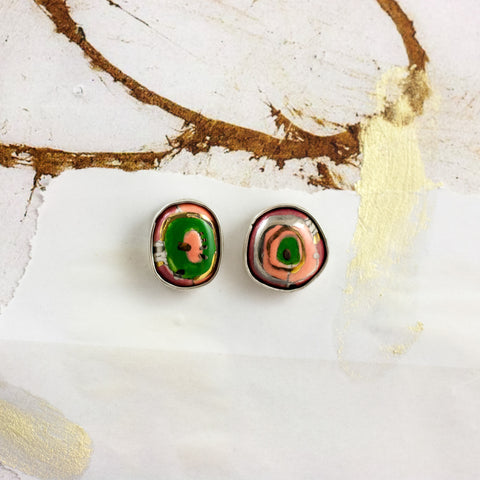 Pink and green earrings with ceramics