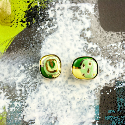 Green and yellow silver earrings with different forms