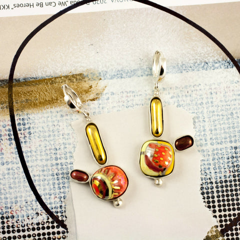 Yellow and red color dangle earrings with gold luster